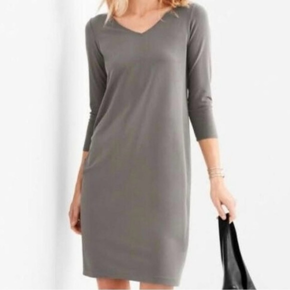 EILEEN FISHER Jersey V-Neck Three-Quarter-Sleeve Dress Gray Size Medium Petite - Picture 1 of 10